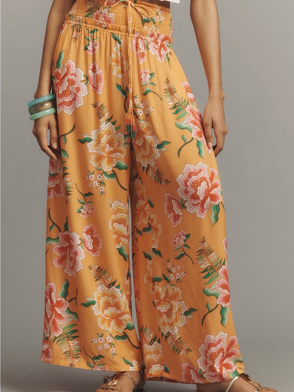 FARM RIO X ANTHROPOLOGIE SMOCKED FLORAL WIDE-LEG PANTS medium xlg - Picture 6 of 7